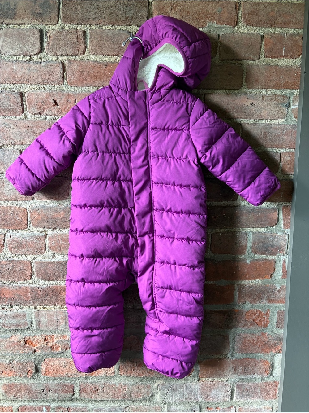 PRIMARY fleece lined purple (boysenberry) one piece snow suit size 12-18 months